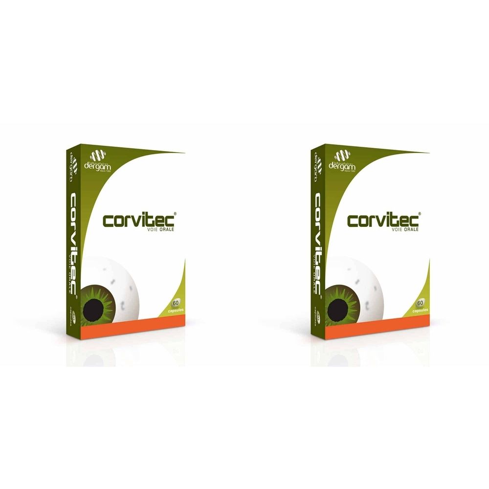 Twee dozen met "corvitec". Verpakking toont een oog. Merk Dergam.