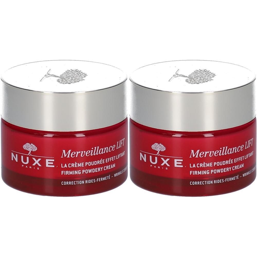 Twee potjes Nuxe Merveillance Lift, rode glazen, zilveren deksels. Opschrift: Merveillance Lift, Firming Powdery Cream.