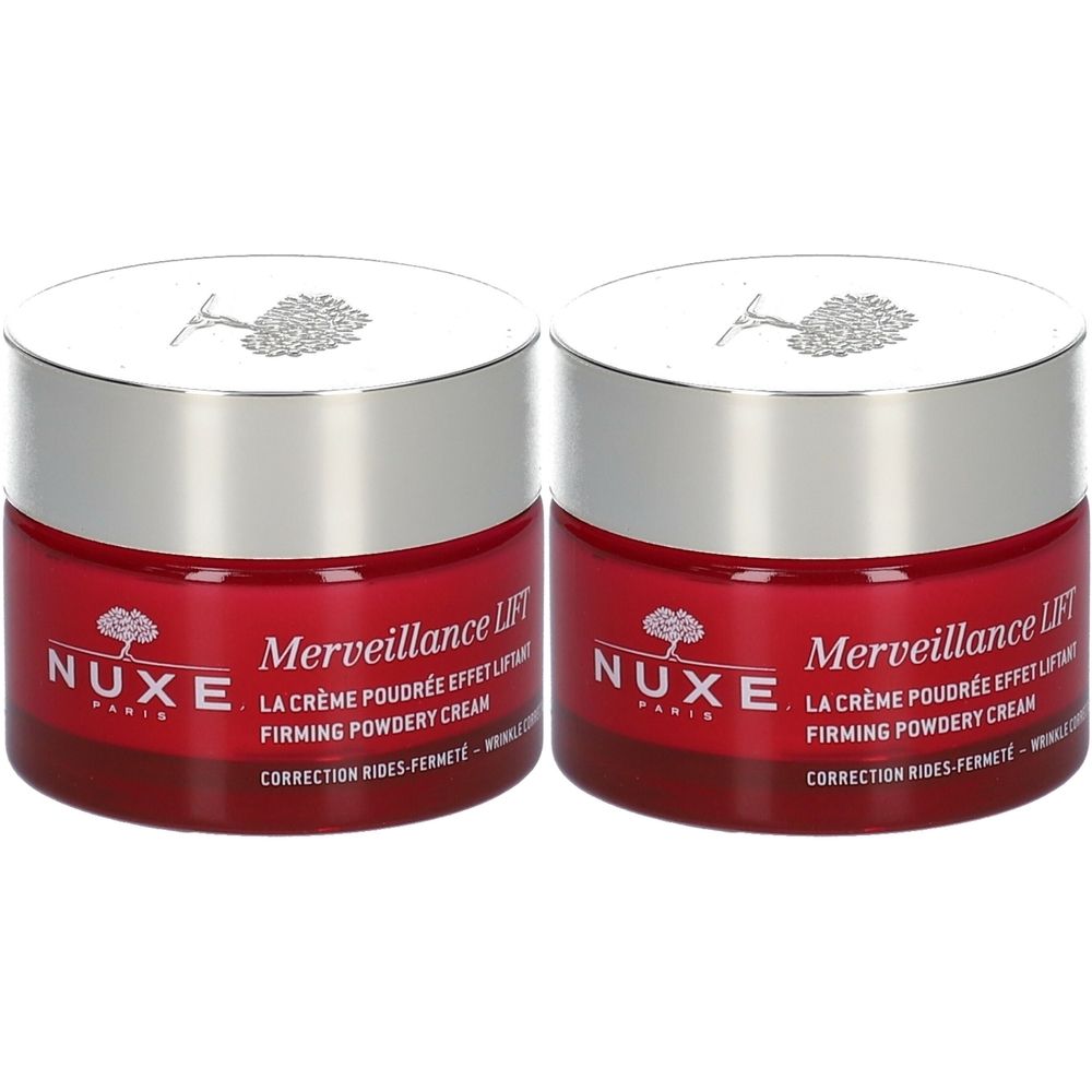 Twee potjes Nuxe Merveillance Lift, rode glazen, zilveren deksels. Opschrift: Merveillance Lift, Firming Powdery Cream.