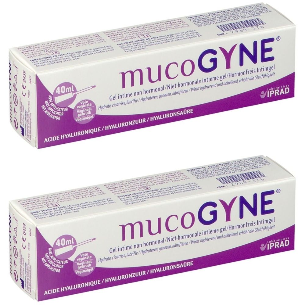 Twee rechthoekige dozen met productopdruk. Opschrift: mucoGYNE, Gel intime non hormonal, 40ml. Paarse en witte verpakking.
