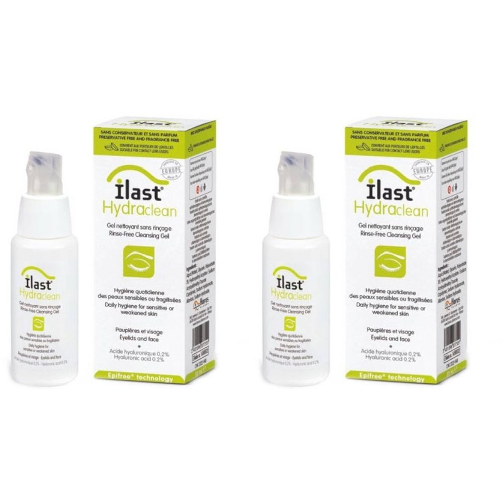 Deux flacons et deux boîtes de ilast® Hydraclean. Flacons blancs avec vaporisateur. Boîtes avec informations et logo du produit.