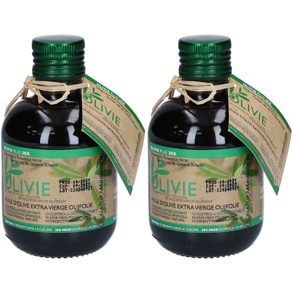 Deux bouteilles en verre foncé avec bouchon vert, liées par une ficelle. Étiquettes avec branches d'olivier et informations produit.
