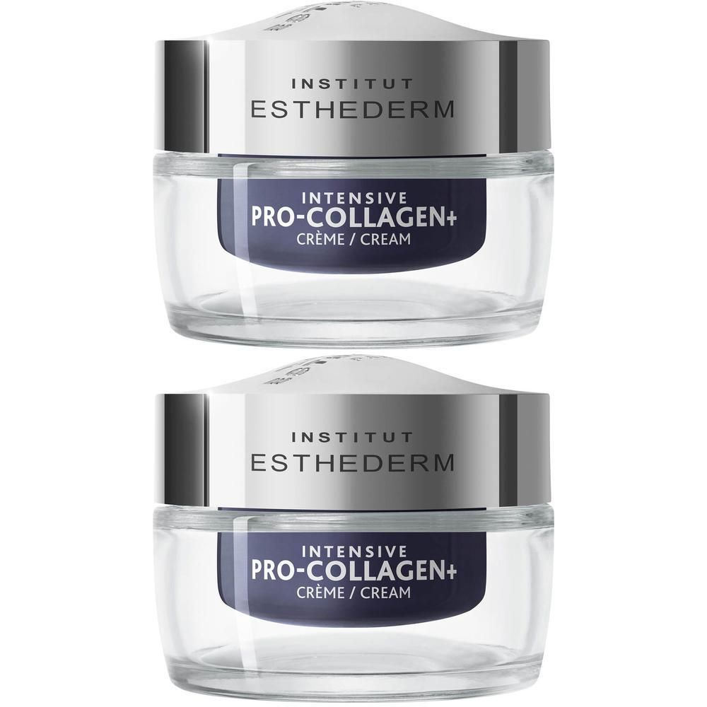 Deux pots INSTITUT ESTHEDERM INTENSIVE PRO-COLLAGEN+ CRÈME. Pots transparents avec couvercle argenté. Texte: PRO-COLLAGEN+ CRÈME.