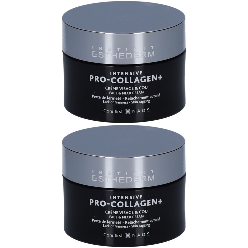 Twee potten INSTITUT ESTHEDERM INTENSIVE PRO-COLLAGEN+ CRÈME. Zwarte potten met zilveren deksel. Tekst: PRO-COLLAGEN+ CRÈME Visage & Cou.