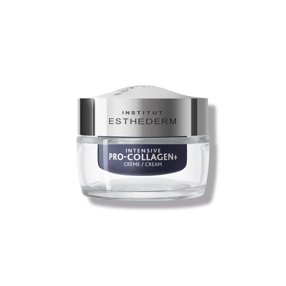 Een pot INSTITUT ESTHEDERM INTENSIVE PRO-COLLAGEN+ CRÈME. Transparante pot met zilveren deksel. Tekst: PRO-COLLAGEN+ CRÈME.