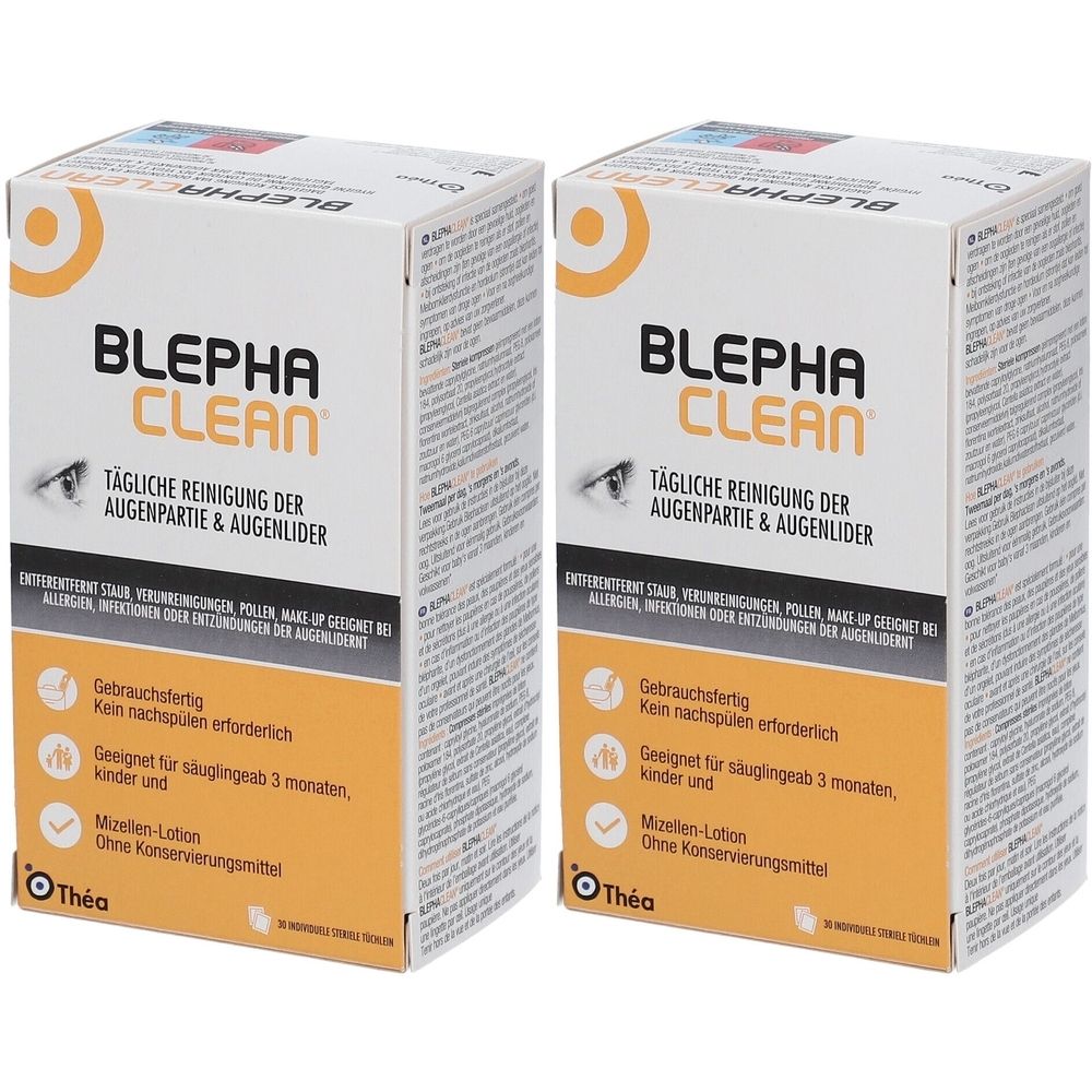Twee dozen Blephaclean. Opschrift: Blepha Clean, dagelijkse reiniging oogleden & wimpers. Geschikt voor baby's vanaf 3 maanden. Micellaire lotion.