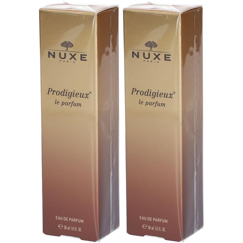 Deux boîtes de NUXE Prodigieux Le Parfum. Emballage doré avec logo de la marque et nom du produit.