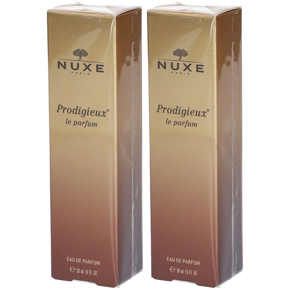 Twee dozen NUXE Prodigieux Le Parfum. Gouden verpakking met merklogo en productnaam.