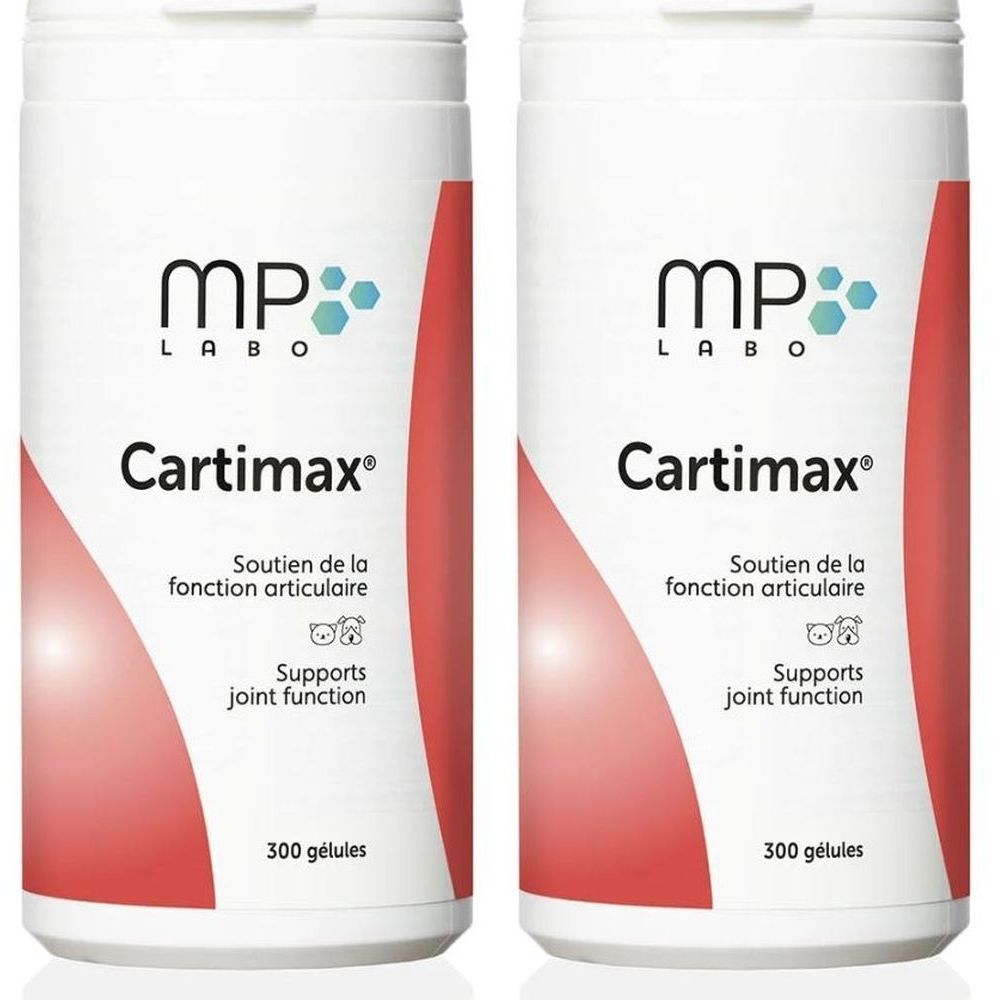 Twee witte flessen met rode grafiek. Opschrift: MP Labo Cartimax, ondersteunt de gewrichtsfunctie. 300 capsules.