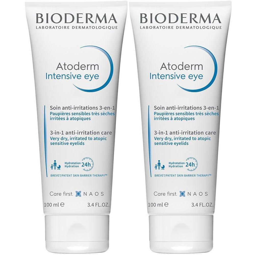 Twee tubes Bioderma Atoderm Intensive eye. Witte tubes met blauwe tekst en logo. 3-in-1 anti-irritatie verzorging.