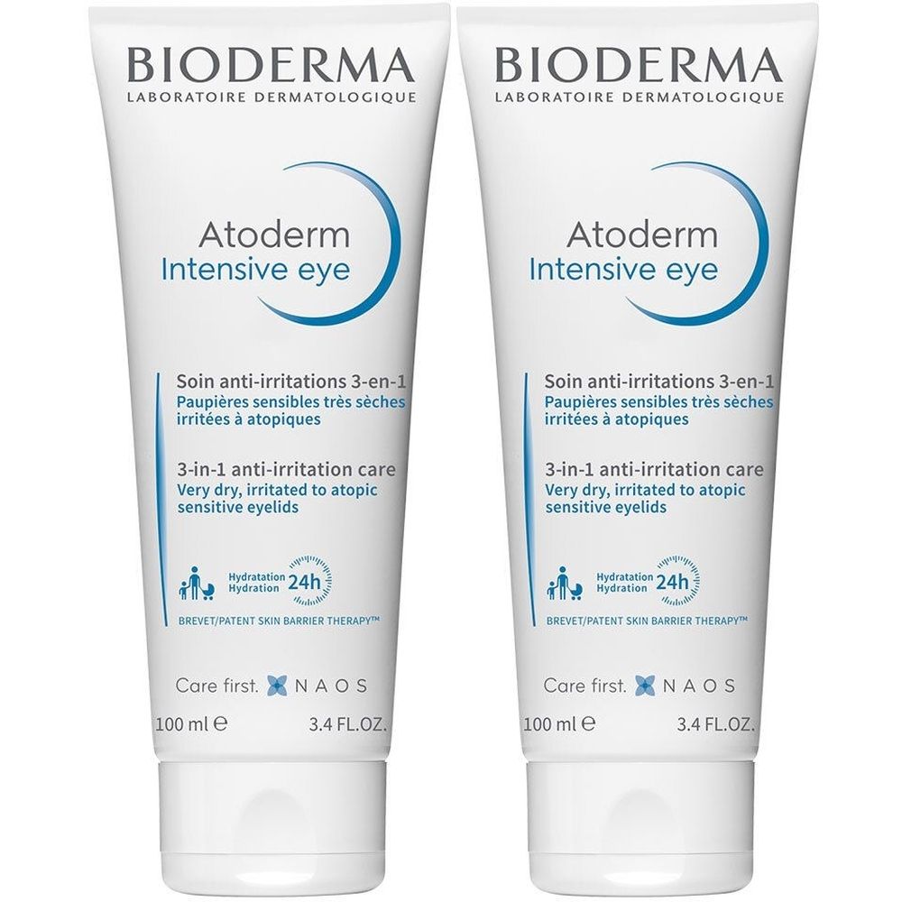 Twee tubes Bioderma Atoderm Intensive eye. Witte tubes met blauwe tekst en logo. 3-in-1 anti-irritatie verzorging.