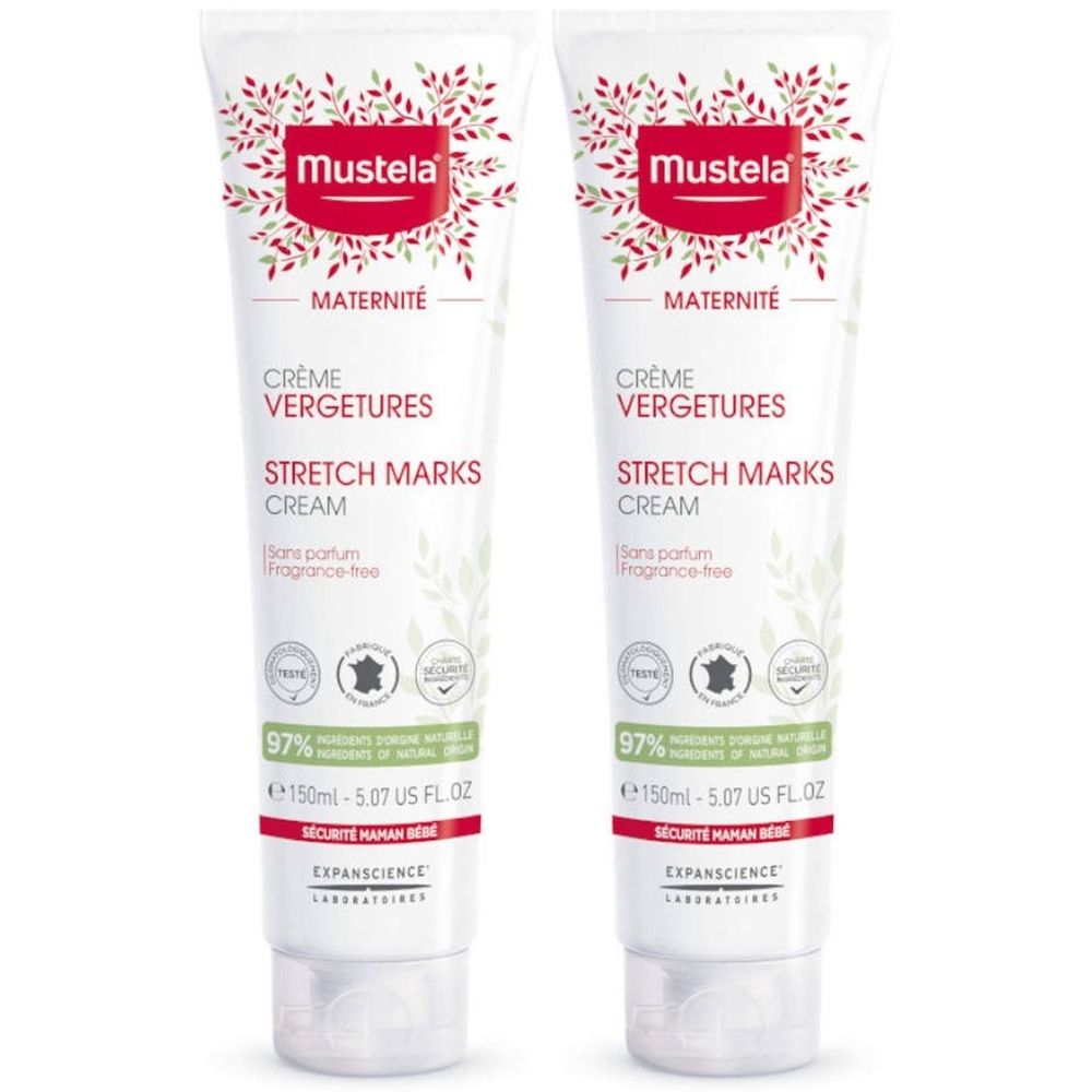 Deux tubes de crème. Inscription: Mustela, Crème Vergetures, Stretch Marks Cream. 97% ingrédients d'origine naturelle. 150ml.