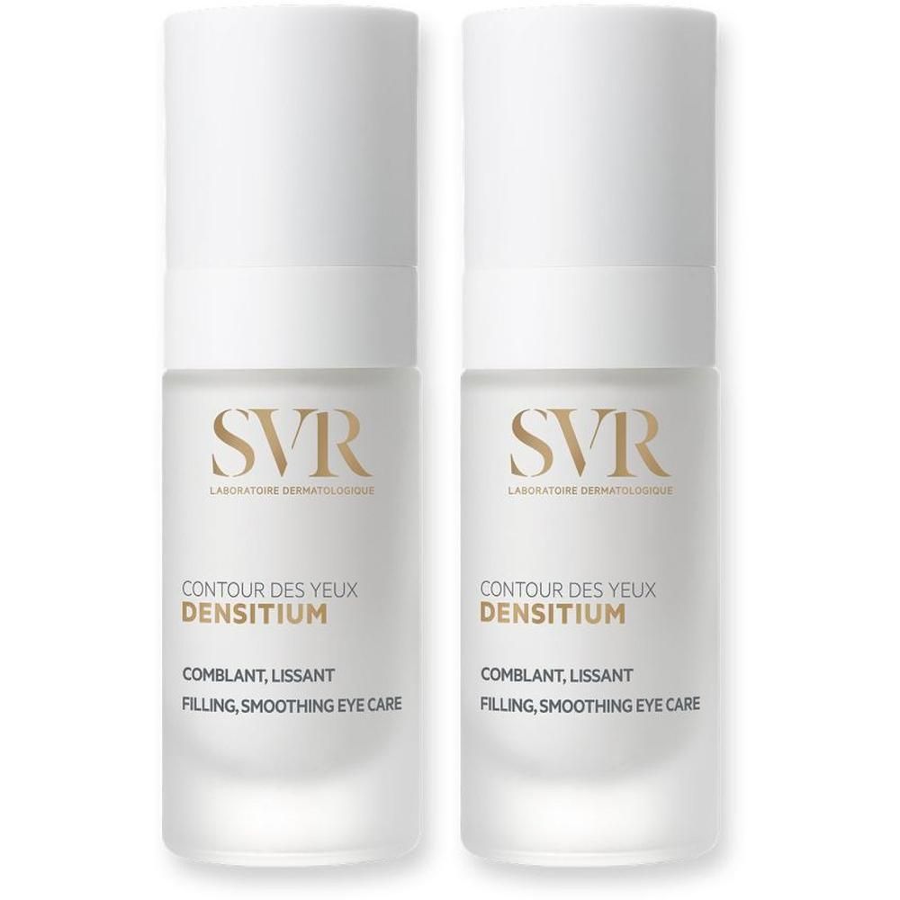 Twee flacons met witte dop. Opschrift: SVR, Densitium Contour des Yeux, Comblant, Lissant, Filling, Smoothing Eye Care.