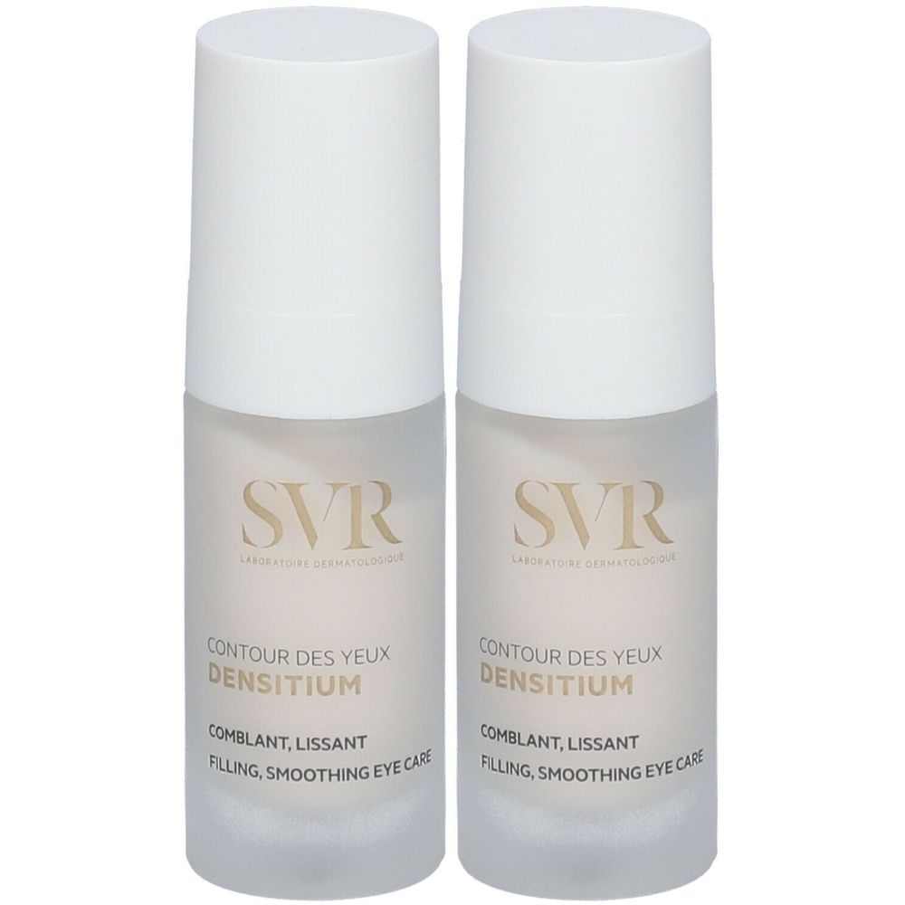 Twee flacons met witte dop. Opschrift: SVR, Densitium Contour des Yeux, Comblant, Lissant, Filling, Smoothing Eye Care.