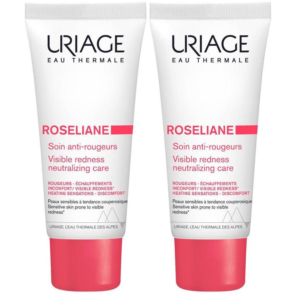 Twee crèmetubes. Wit met rode dop. Opschrift: URIAGE, Roséliane, Soin anti-rougeurs.