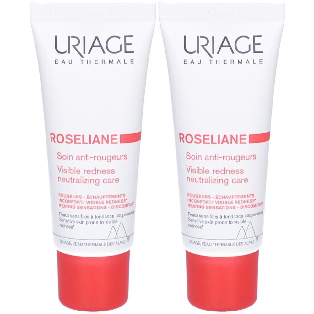 Deux tubes de crème. Blancs avec bouchon rouge. Inscription: URIAGE, Roséliane, Soin anti-rougeurs.