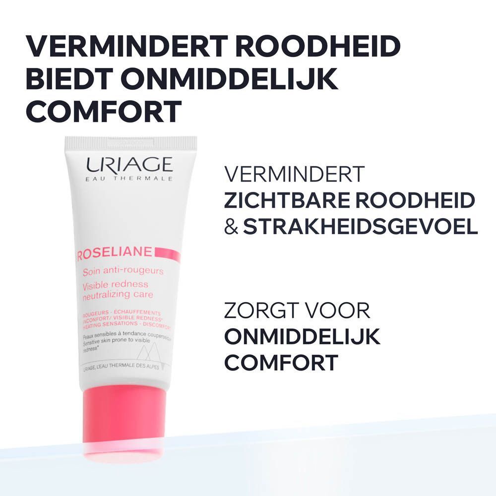 Crèmetube. Opschrift: URIAGE, Roséliane. Tekst: Soin anti-rougeurs. Vermindert roodheid en trekkerigheid.