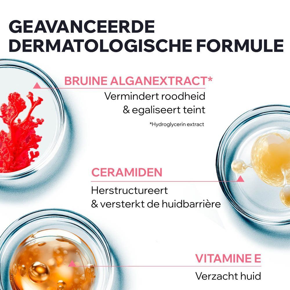 Close-up van ingrediënten. Rode alg, sheaboter, abrikozenolie. Tekst: Formule dermatologique avancée.