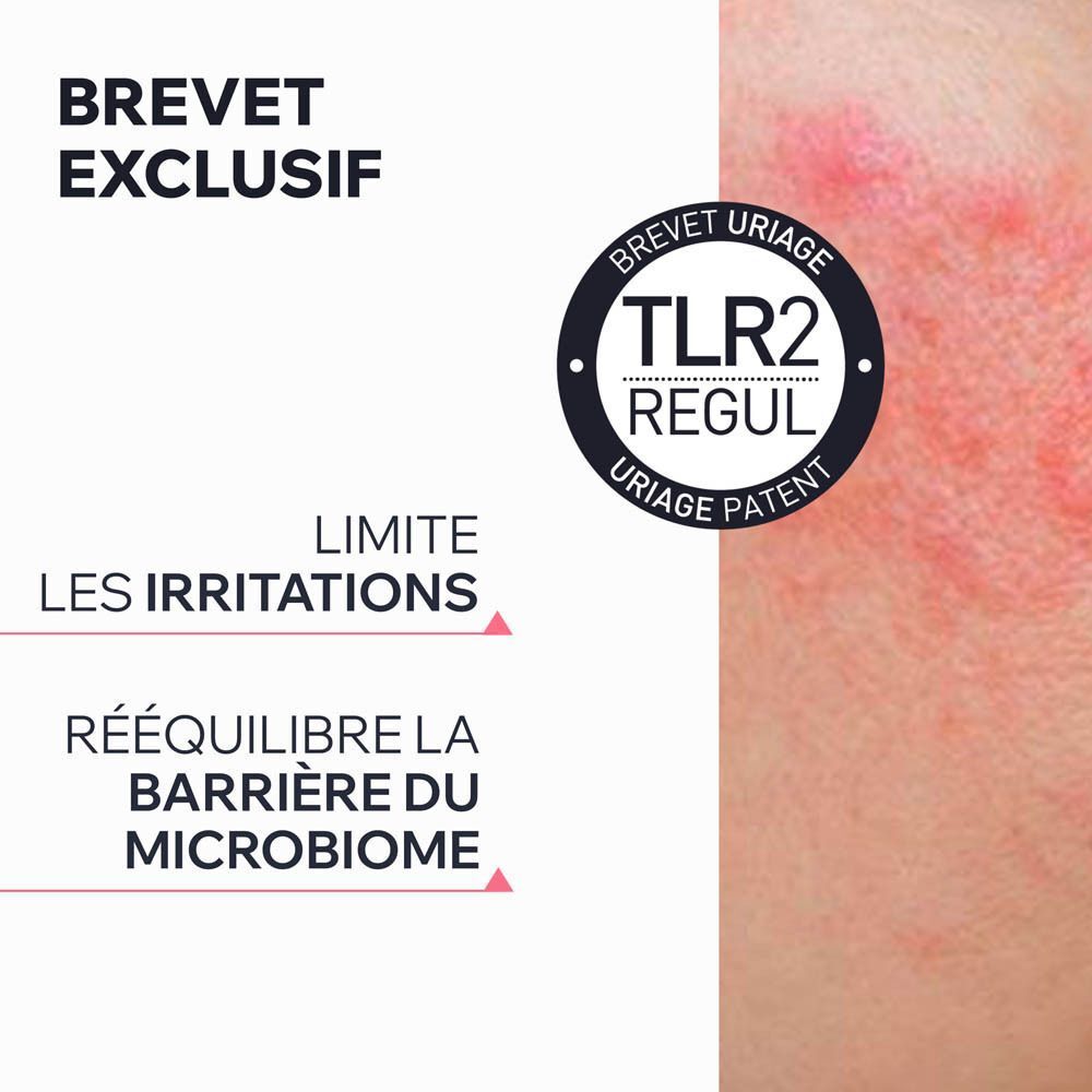 Texte: Brevet exclusif. Limite les irritations. Rééquilibre la barrière du microbiome. Logo: TLR2 Regul.