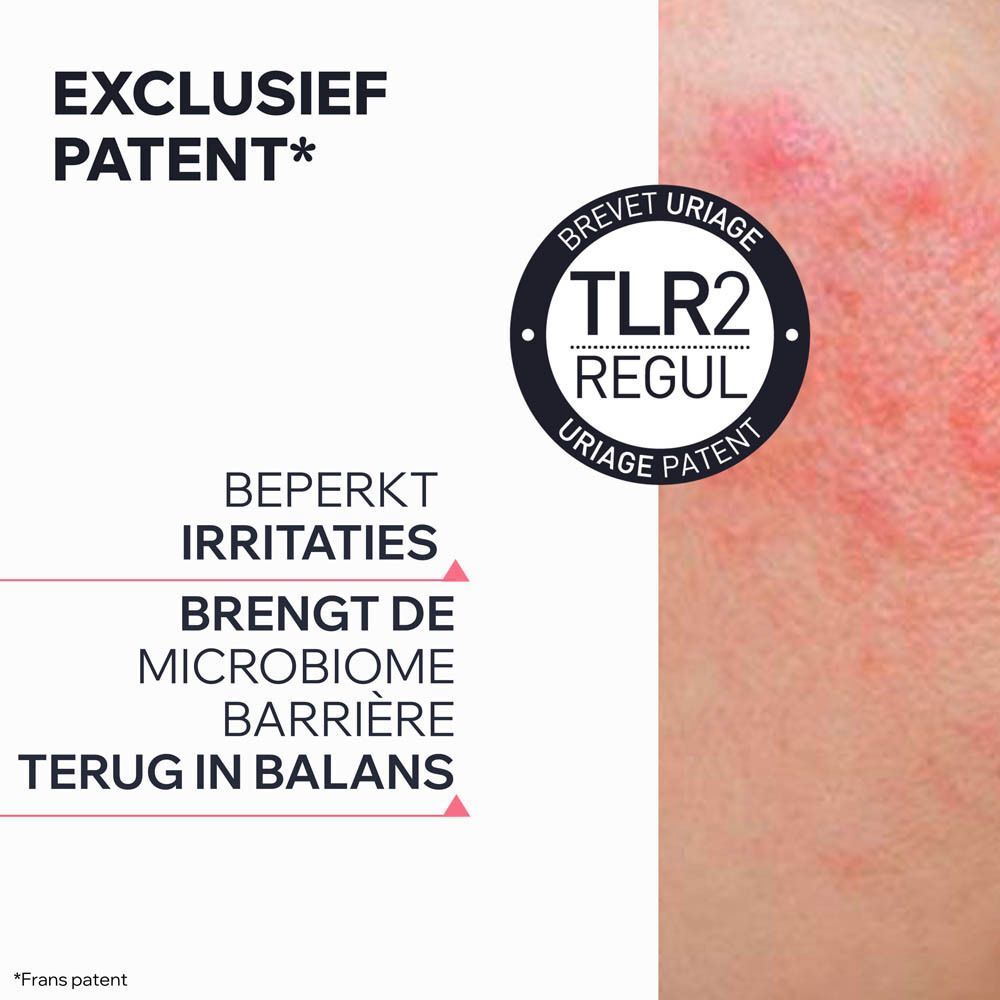 Tekst: Brevet exclusief. Beperkt irritaties. Brengt de microbiomenbarrière in balans. Logo: TLR2 Regul.