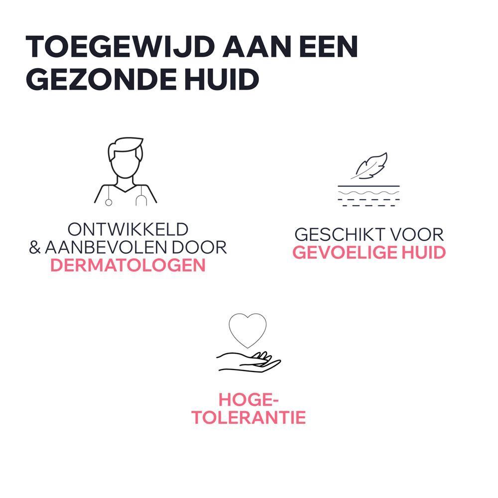 Tekst: Engagé pour une peau saine. Logo's: Dermatologen, gevoelige huid, hoge tolerantie.