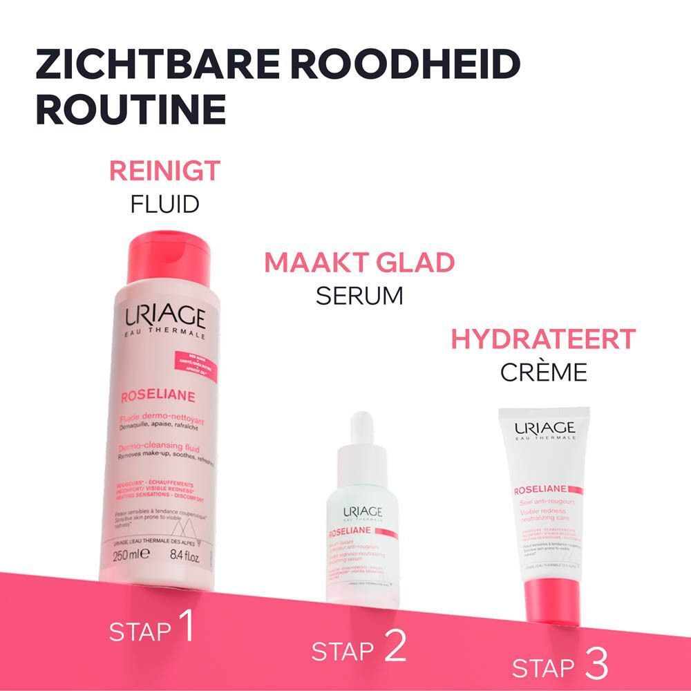 Drie producten. URIAGE Roséliane. Reiniger, serum, crème. Tekst: Routine anti-rougeurs & anti-âge.