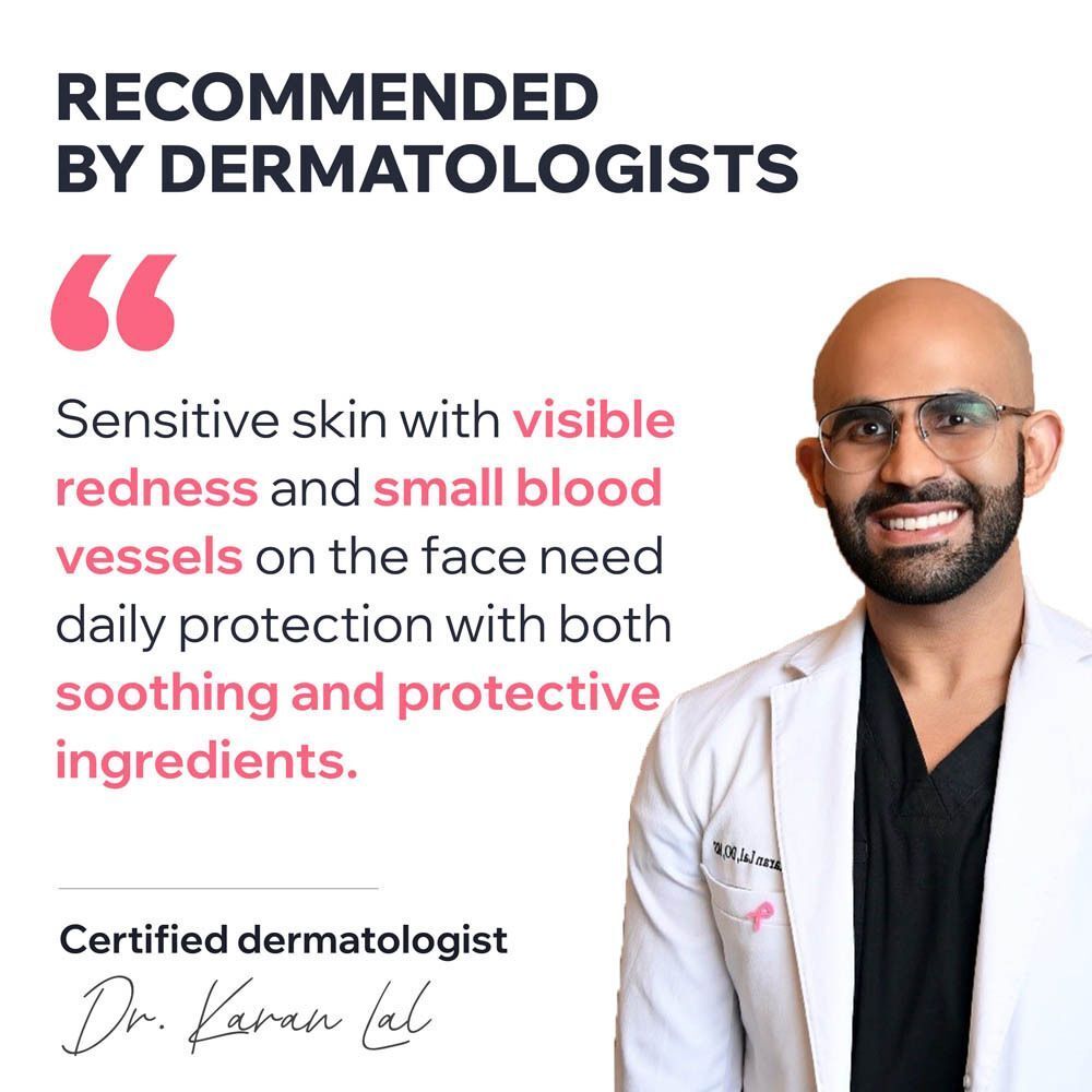 Arts met tekst. Aanbevolen door dermatologen. Citaat: Gevoelige huid heeft dagelijkse bescherming nodig.