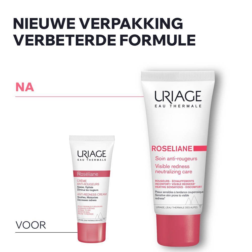 Voor-en-na vergelijking. URIAGE Roséliane crème. Tekst: Nouveau look & formule améliorée.