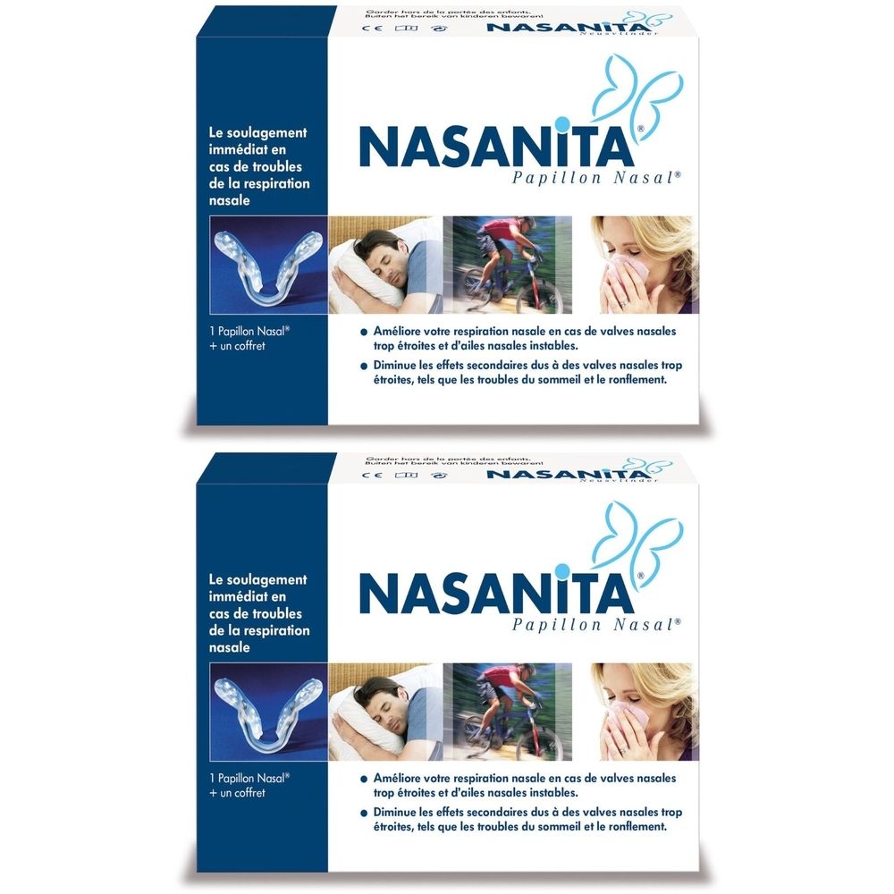 Twee witte dozen met de productnaam NASANITA en de toevoeging « Papillon Nasal ». Afdrukken in het Frans.