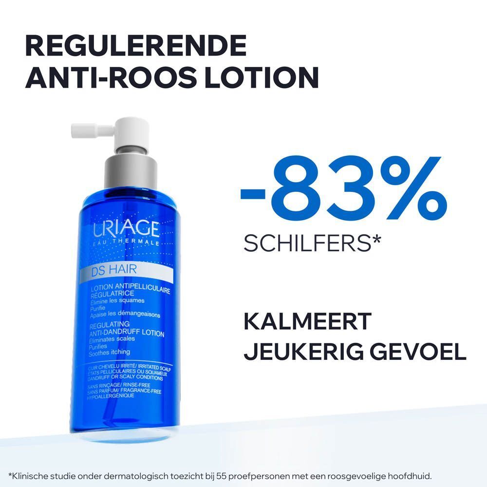 URIAGE DS HAIR Lotion Spray, blauwe fles. Tekst: -83% SCHILFERS, KALMEERT JEUKERIG GEVOEL.