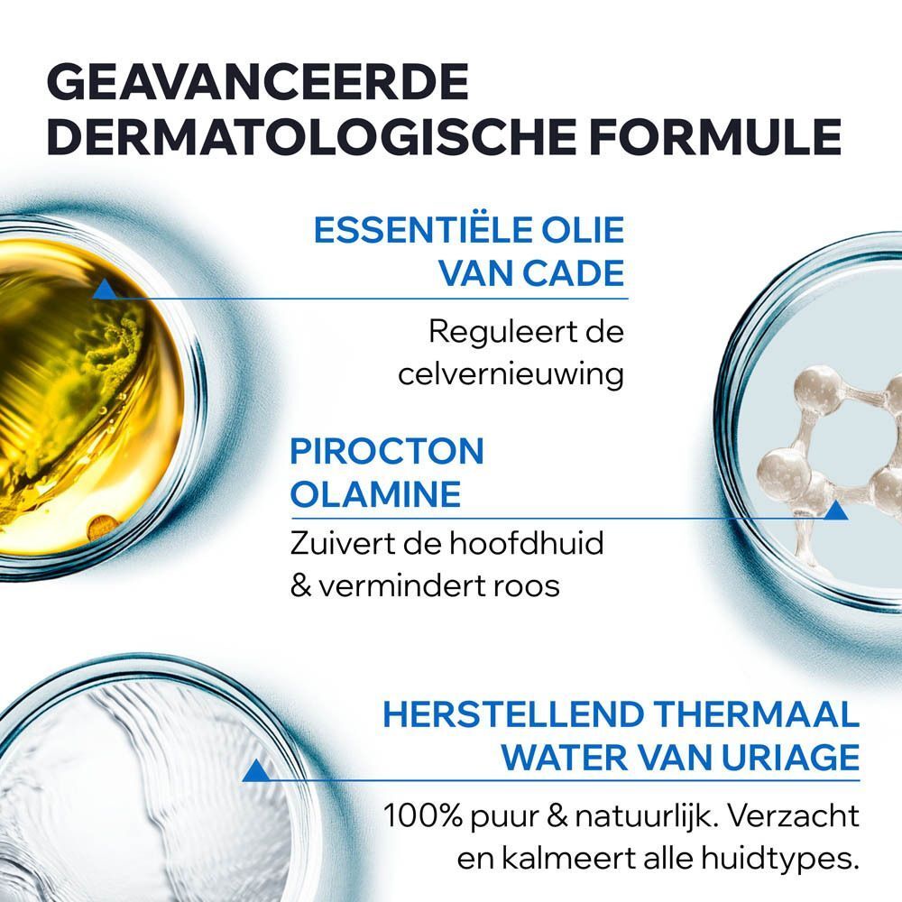 Grafiek met ingrediënten: Essentiële olie van Cade, Piroctone Olamine, Herstellend thermaal water van Uriage.