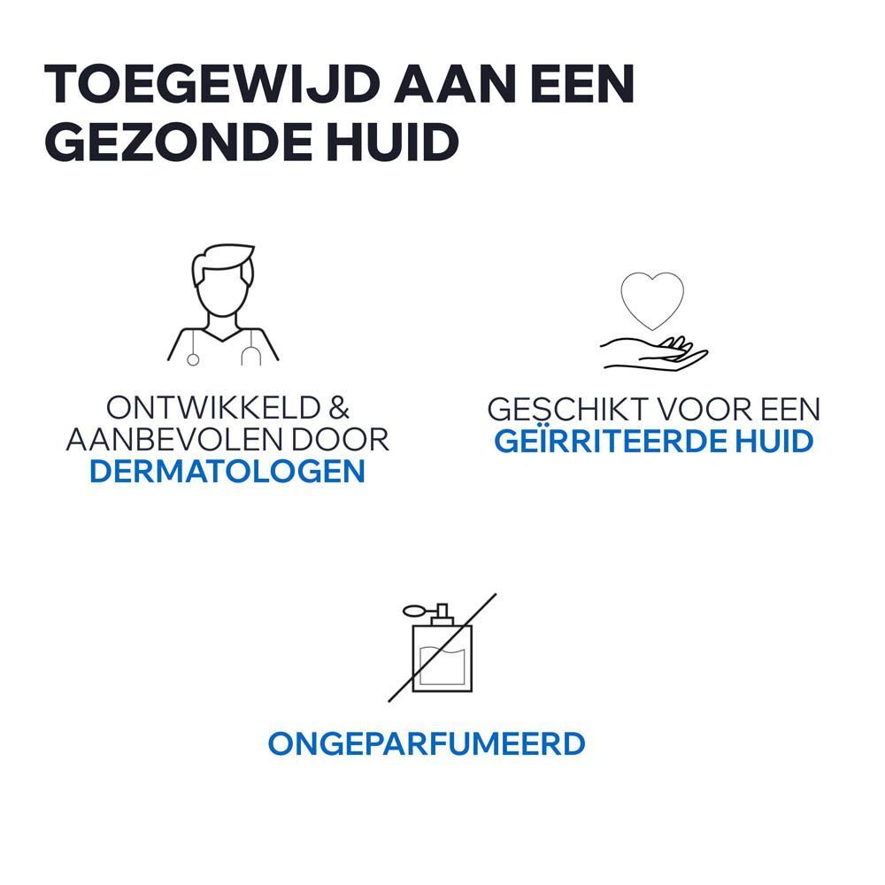 Grafiek met iconen: Dermatologen, voor geïrriteerde huid, ongeparfumeerd.