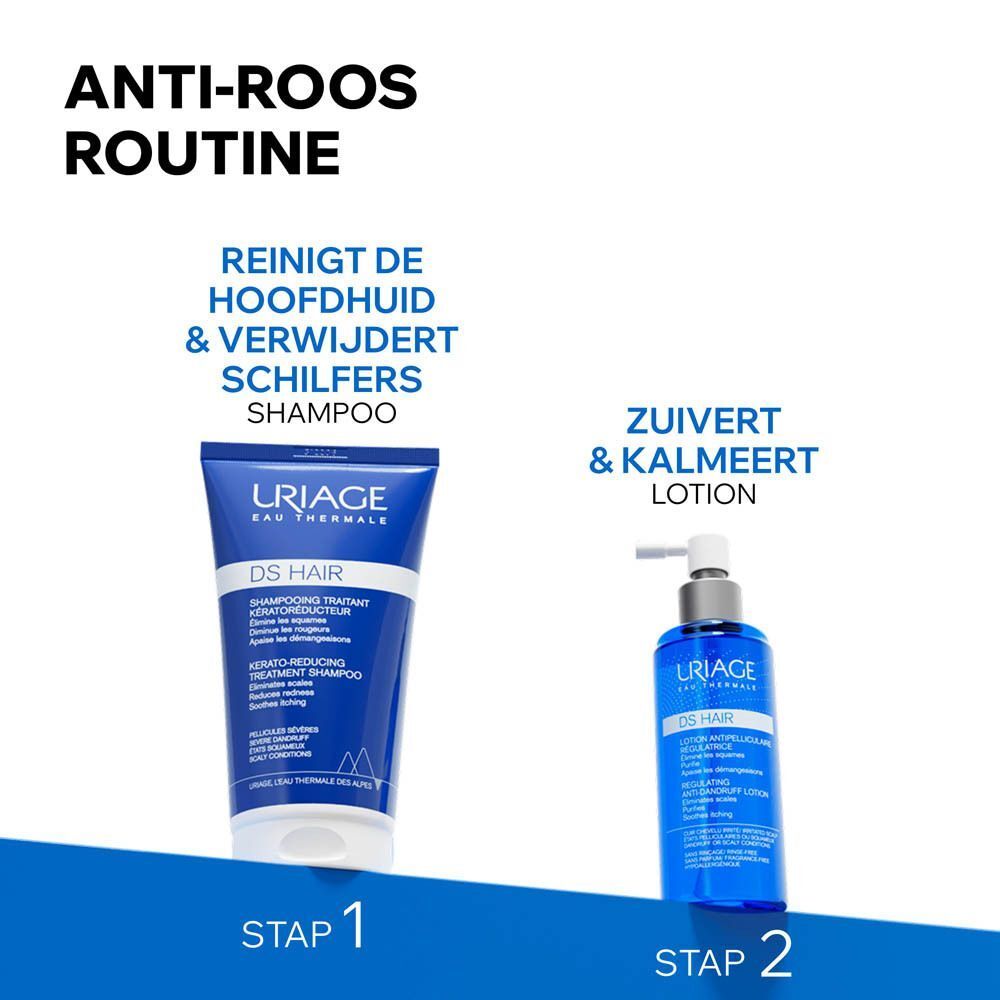 URIAGE DS HAIR Shampoo en Lotion Spray. Tekst: Reinigt de hoofdhuid & verwijdert schilfers, Zuivert & kalmeert.