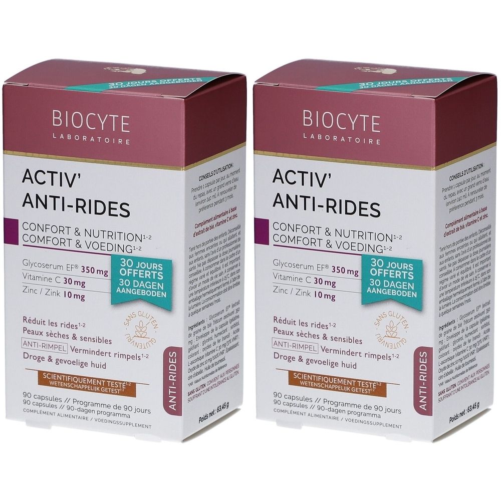 Twee dozen Biocyte Activ' Anti-Rides. Opschriften: Confort & Nutrition, 30 dagen gratis. Bevat 90 capsules. Ingrediënten en certificeringen.