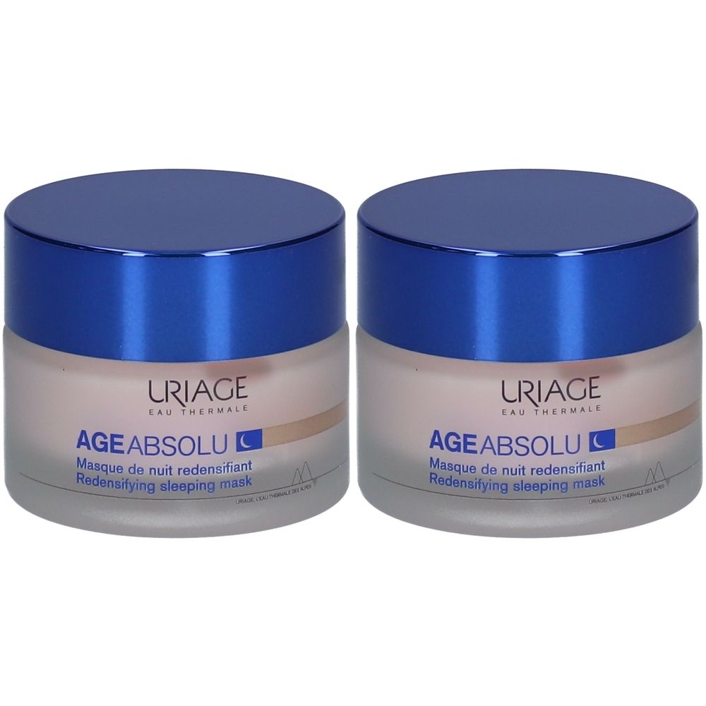 Deux pots de masque de nuit Uriage Age Absolu. Pots beiges avec couvercles bleus. Inscription: Uriage, Age Absolu, Masque de nuit.