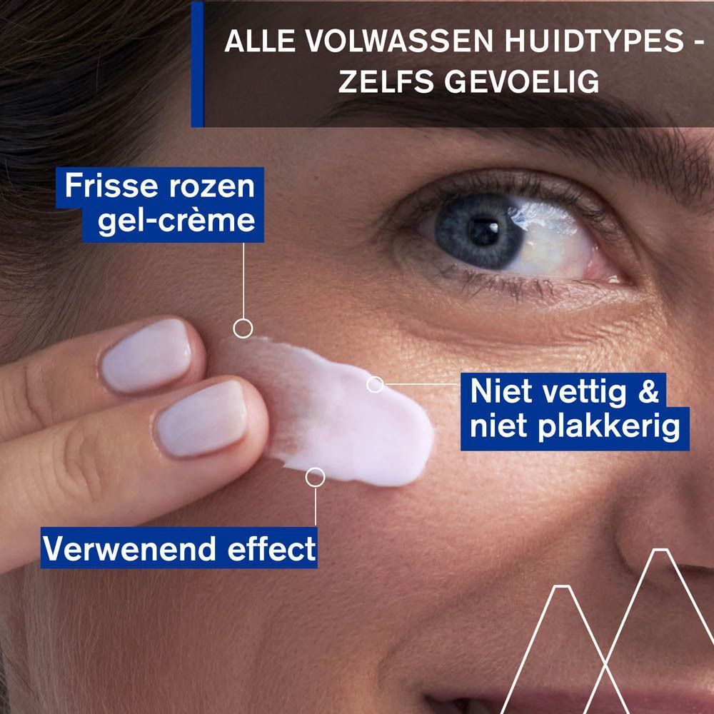 Close-up van een oog met crème. Tekst: Frisse rozen gel-crème, Niet vettig & niet plakkerig, Verwenend effect.