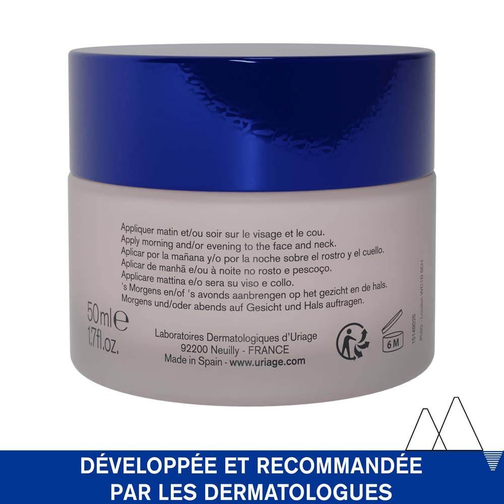 Pot avec texte. Texte: Appliquer matin et/ou soir sur le visage et le cou. 50ml 1.7 fl.oz. Laboratoires Dermatologiques d'Uriage. Made in Spain.