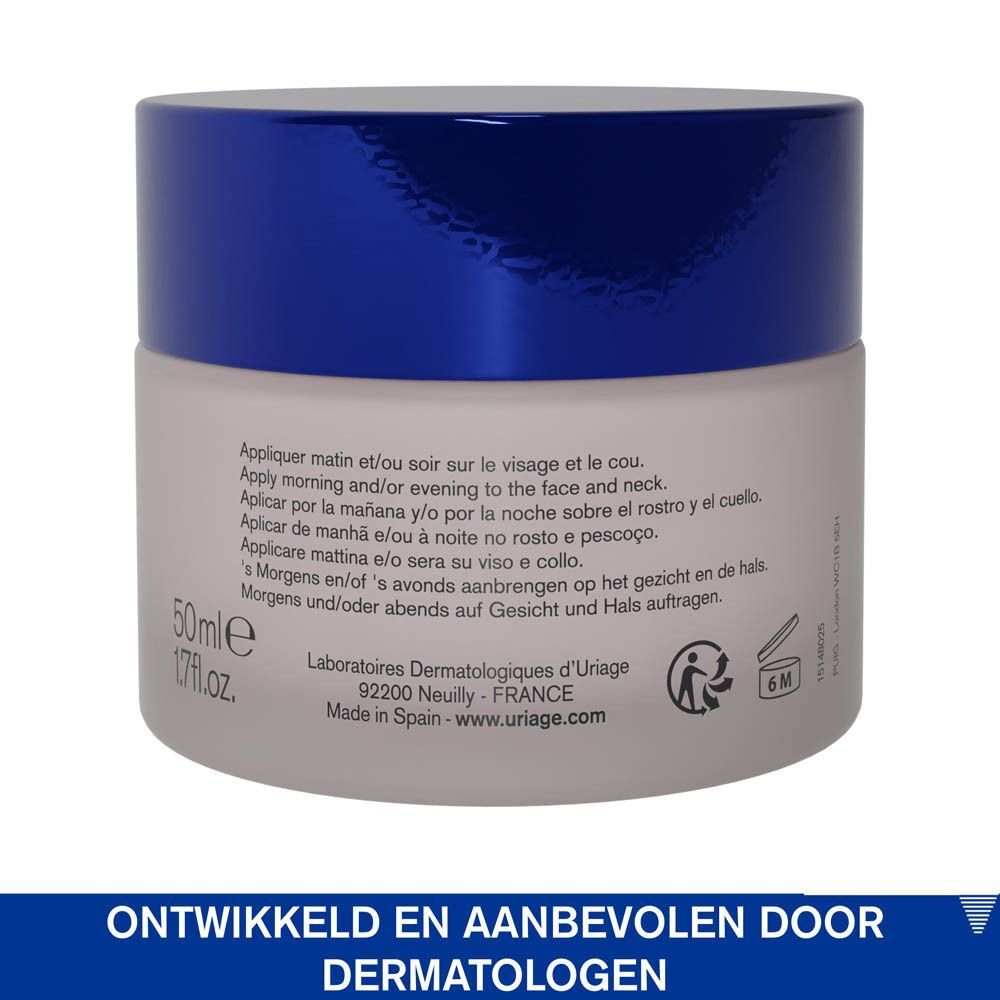 Pot met tekst. Tekst: Appliquer matin et/ou soir sur le visage et le cou. 50ml 1.7 fl.oz. Laboratoires Dermatologiques d'Uriage. Made in Spain.