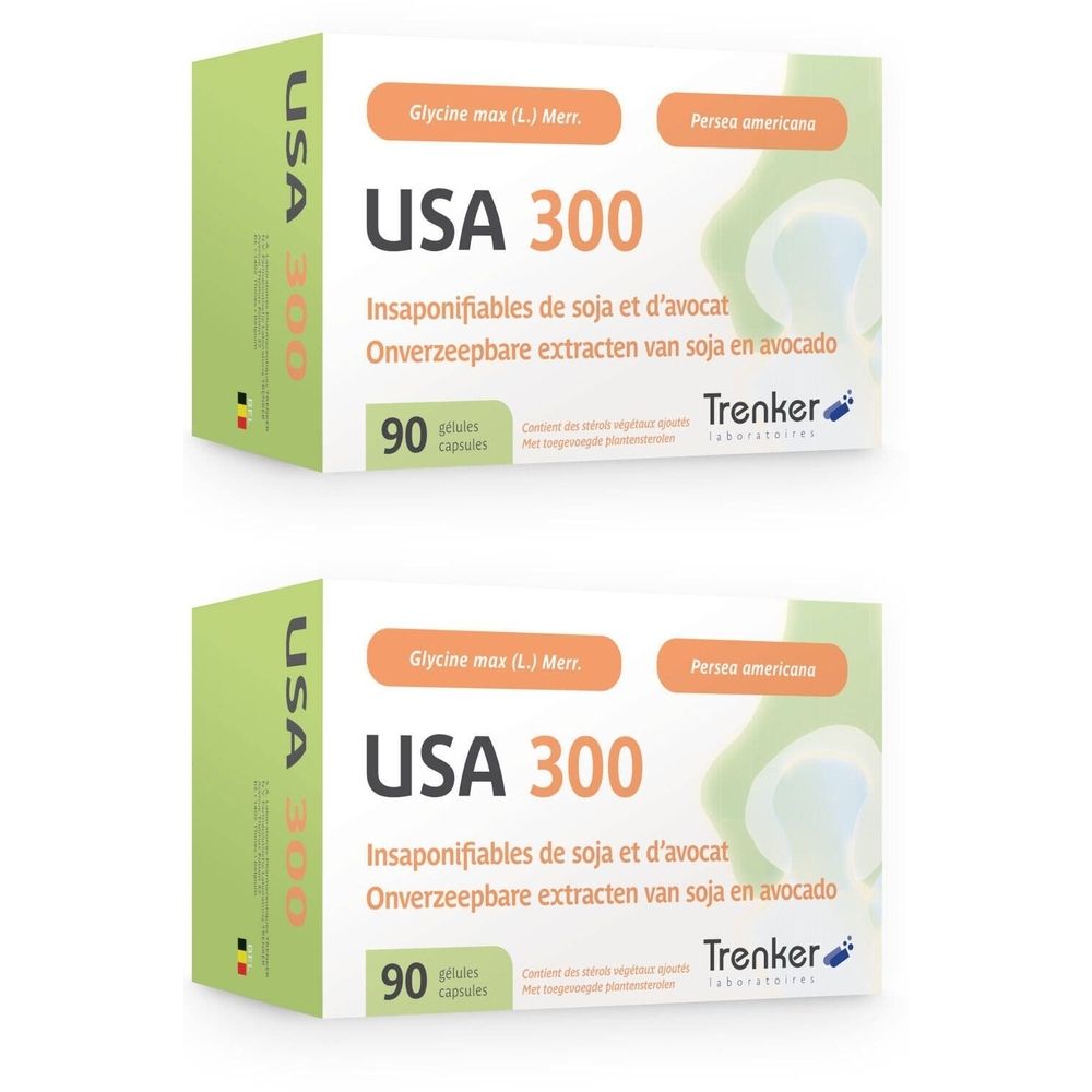 Twee witte dozen met "USA 300". Bevat 90 capsules. Opschrift "Trenker". Ingrediënten: soja en avocado.