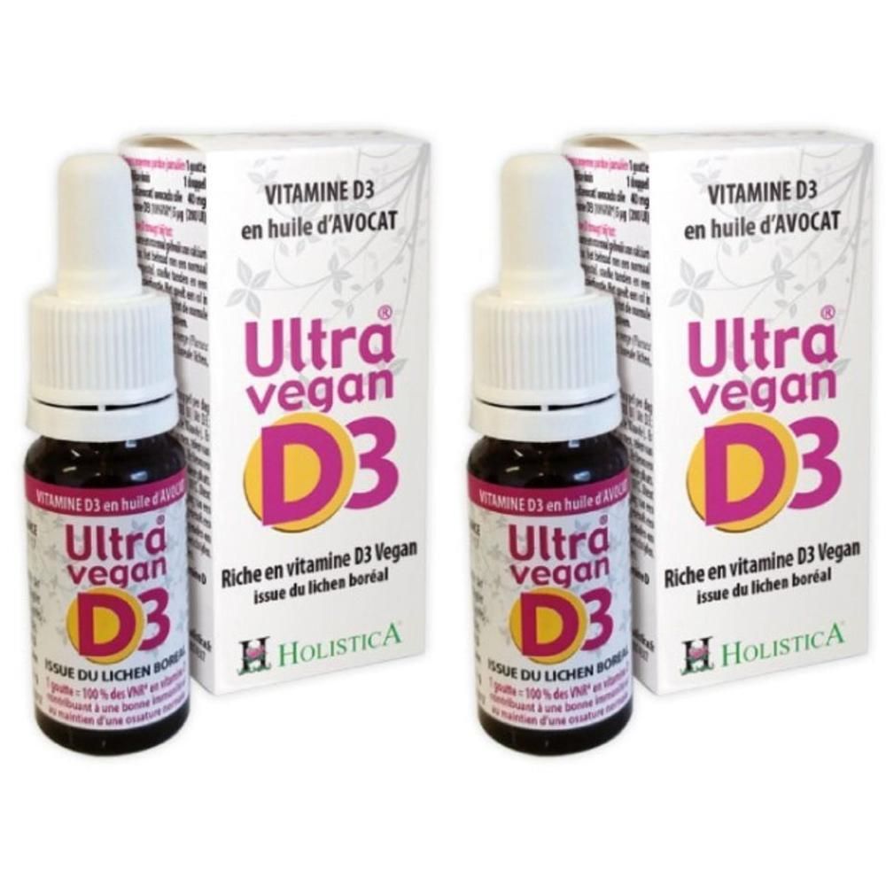 Deux flacons de gouttes HOLISTICA Ultra vegan D3 avec emballage. Vitamine D3 à l'huile d'avocat.