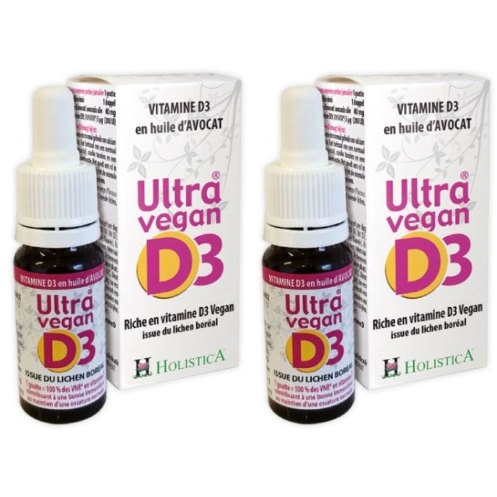 Deux flacons de gouttes HOLISTICA Ultra vegan D3 avec emballage. Vitamine D3 à l'huile d'avocat.