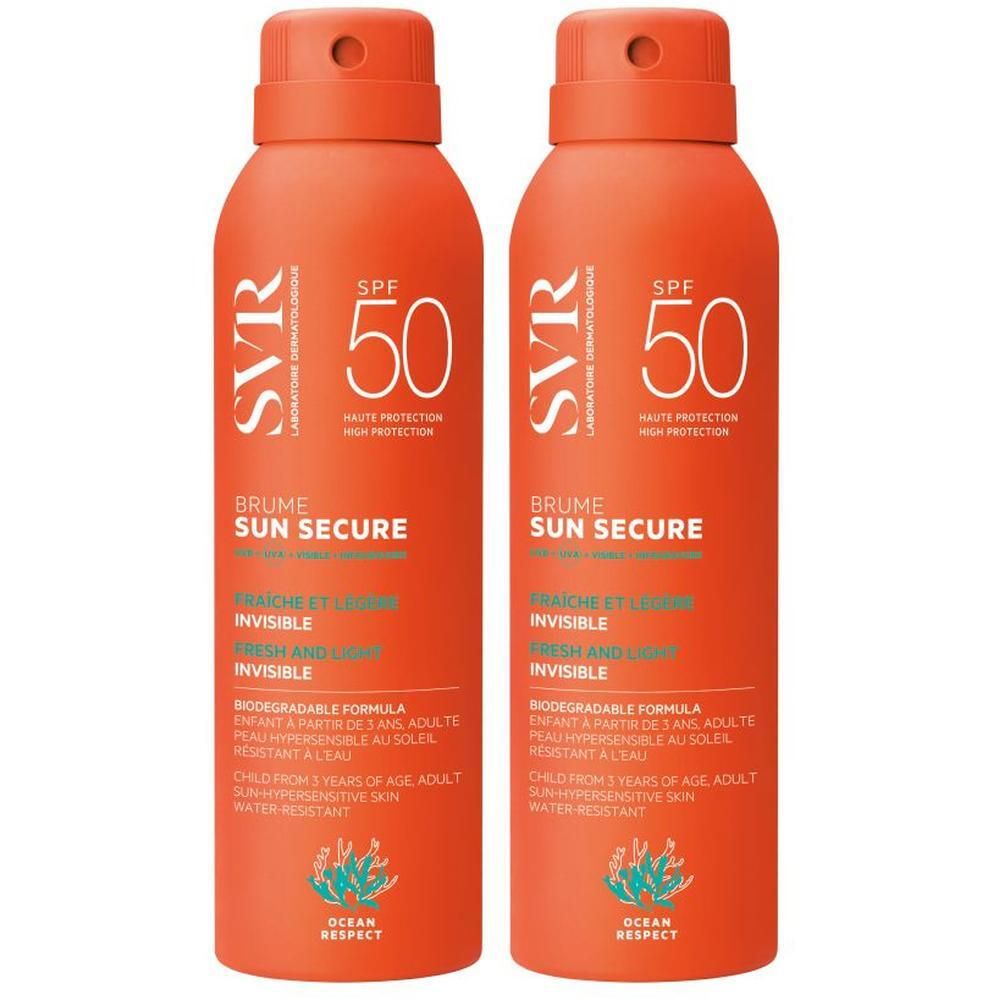 Twee oranje sprays met rode dop. Opschrift: SVR, SPF 50, Sun Secure Brume. Tekst in het Frans en Engels.