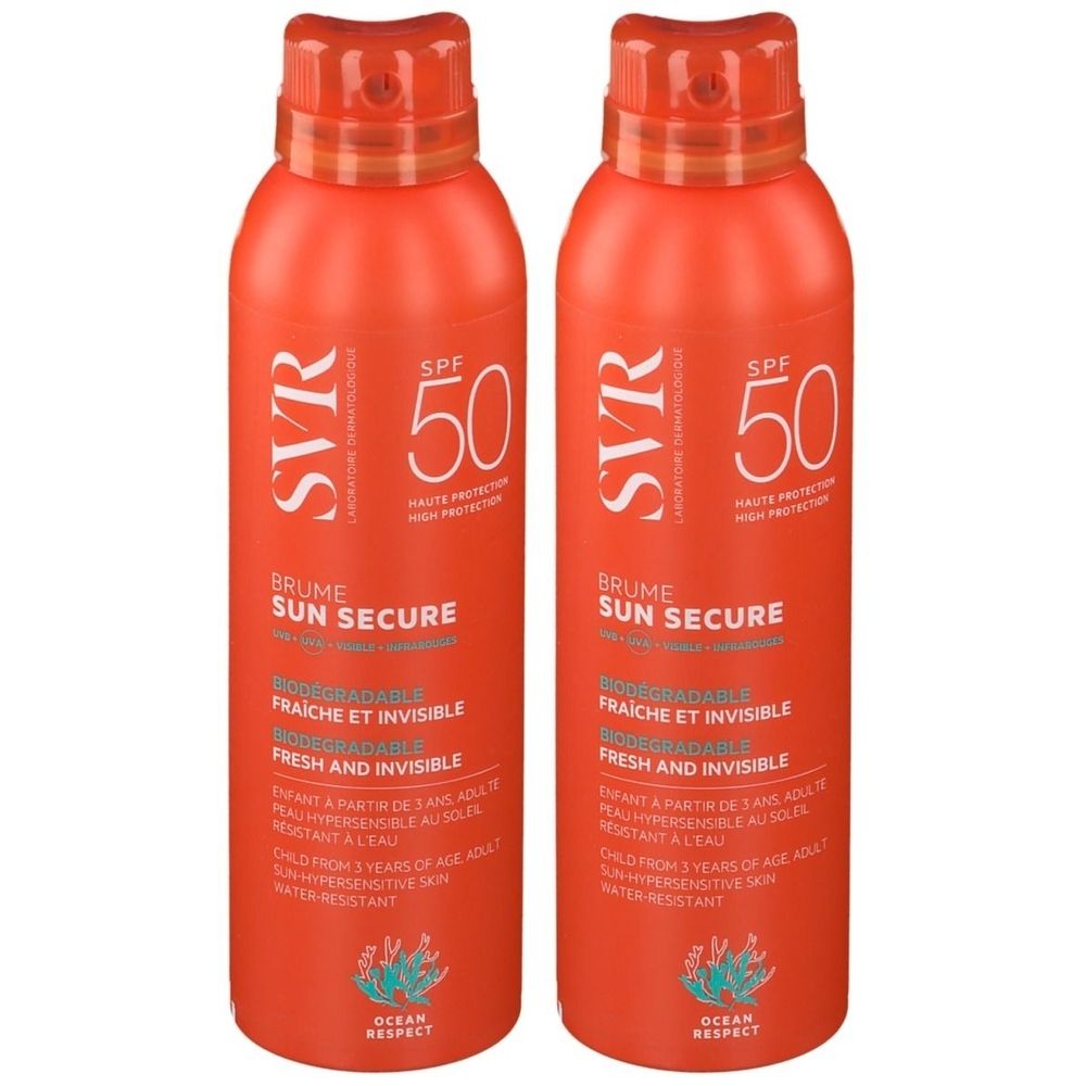 Deux sprays oranges avec bouchon rouge. Inscription: SVR, SPF 50, Sun Secure Brume. Texte en français et anglais.