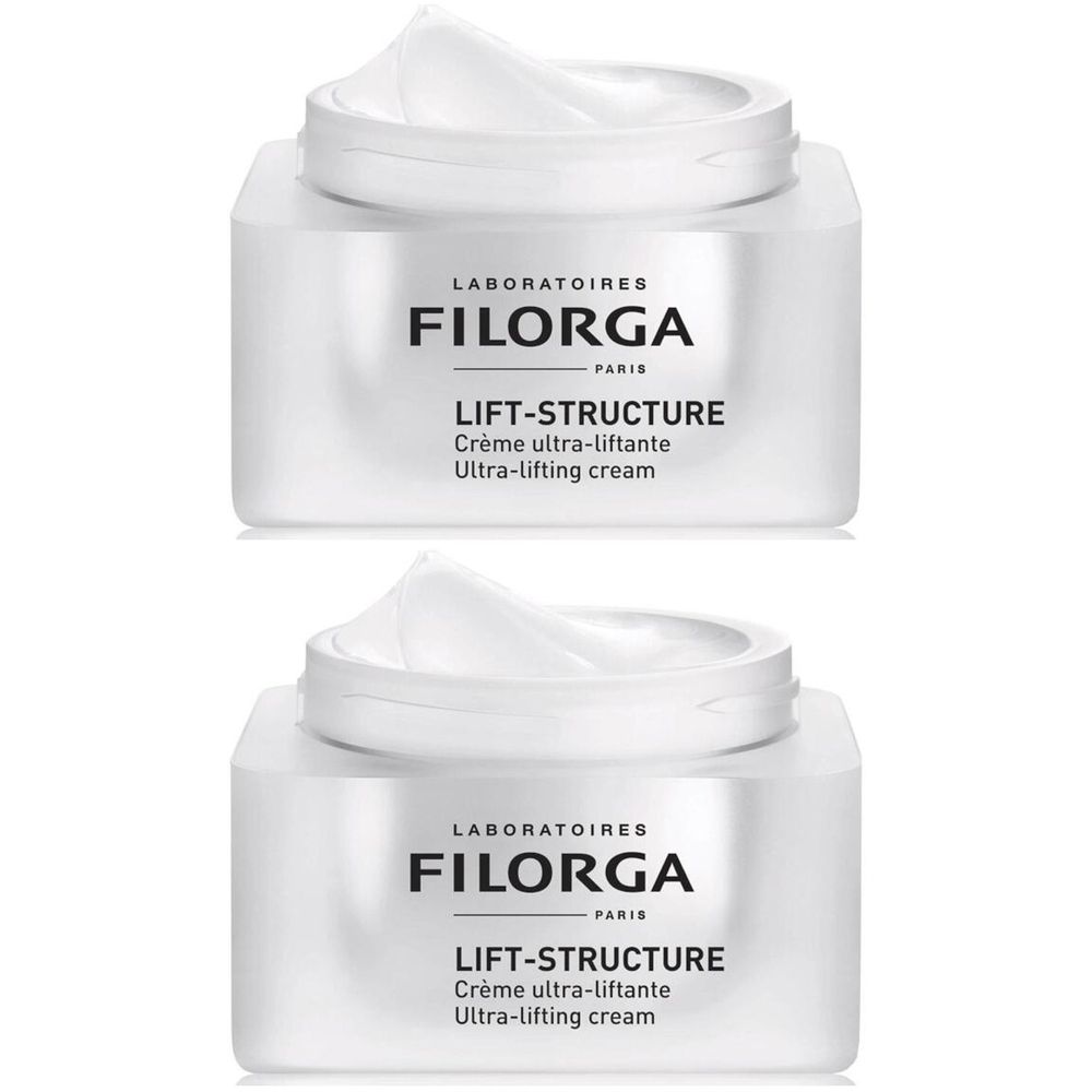 Twee potten crème met open deksel. Opschrift: FILORGA, LIFT-STRUCTURE, Crème ultra-liftante, Ultra-lifting cream.