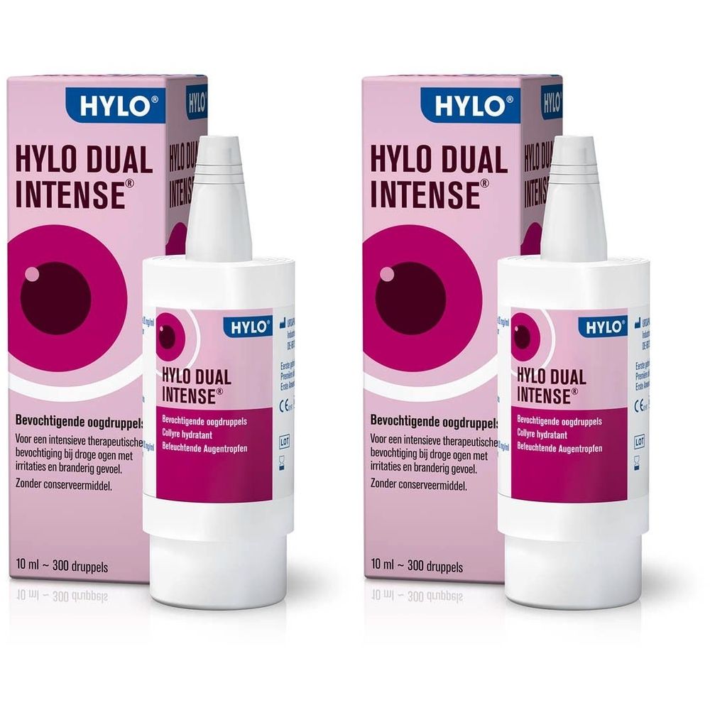 Twee flessen en verpakkingen. Opschrift: HYLO DUAL INTENSE. Roze verpakking met oogafbeelding. Witte flessen met doseeropzetstuk.