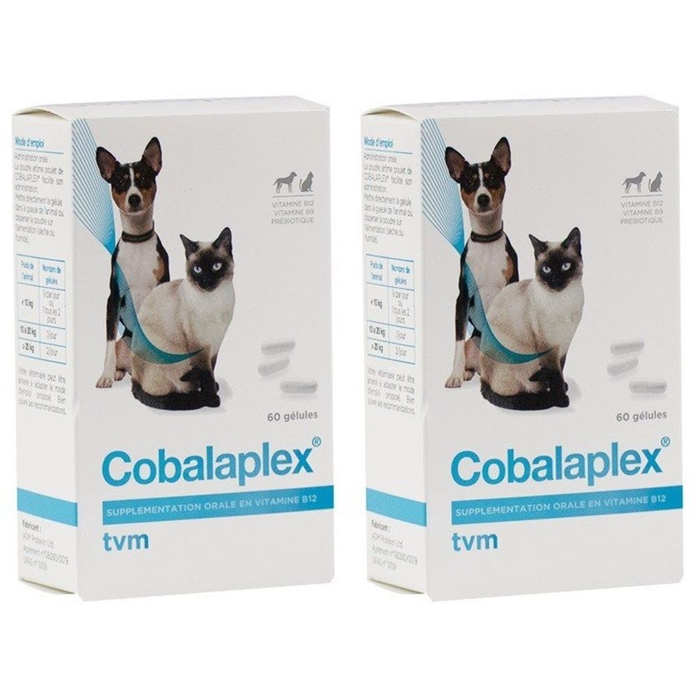 Deux boîtes blanches avec Cobalaplex, image chien et chat. Texte: 60 gélules, tvm. Supplémentation orale en vitamine B12.