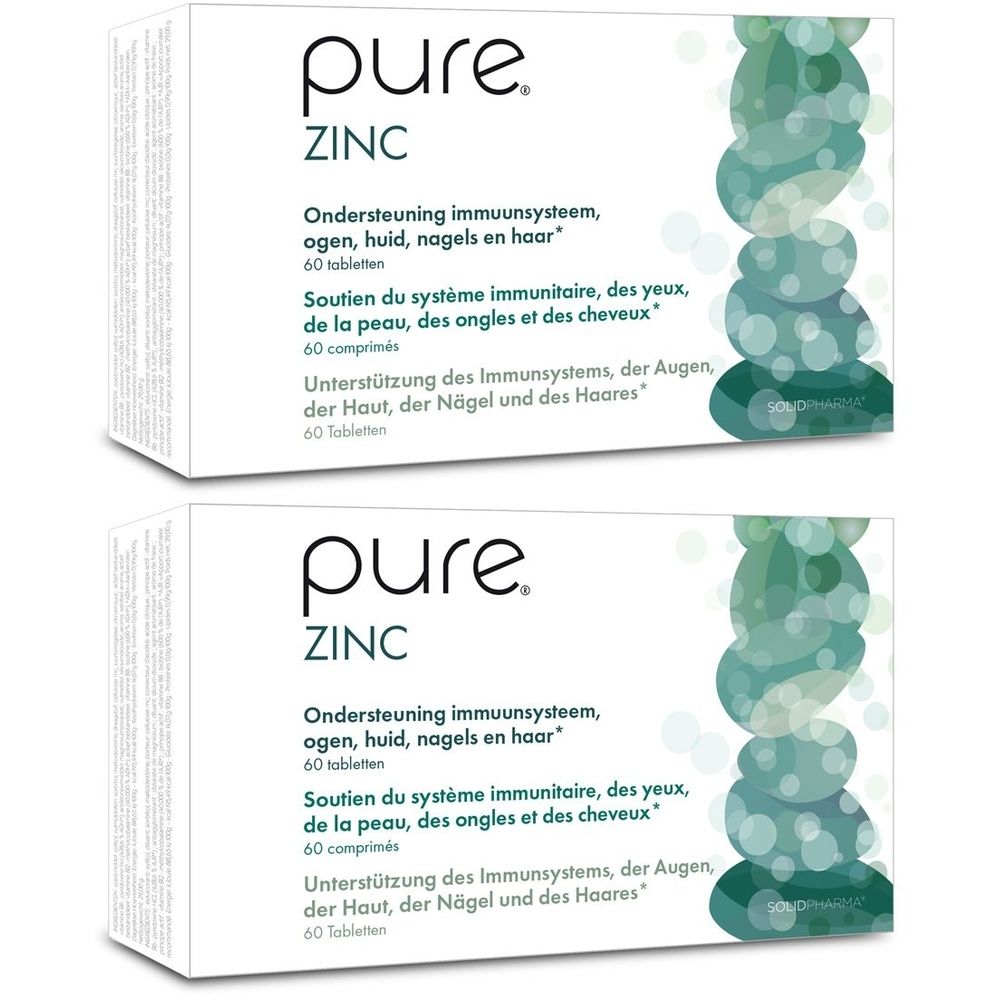 Twee witte dozen met "pure. ZINC". Tekst in het Nederlands, Frans en Duits. 60 tabletten per doos.