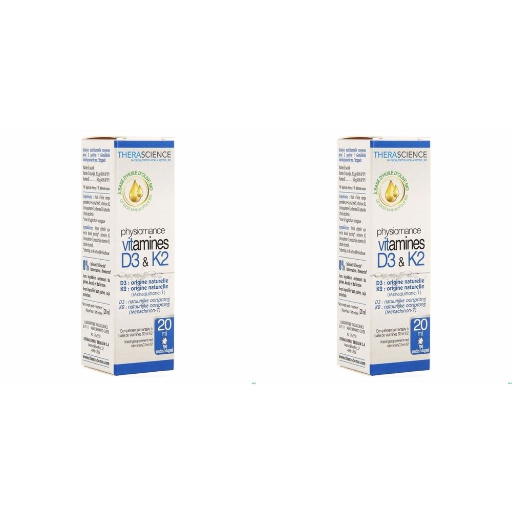 Twee witte dozen met PHYSIOMANCE Vitamines D3 & K2. Merk THERASCIENCE. Inhoud 20 ml.