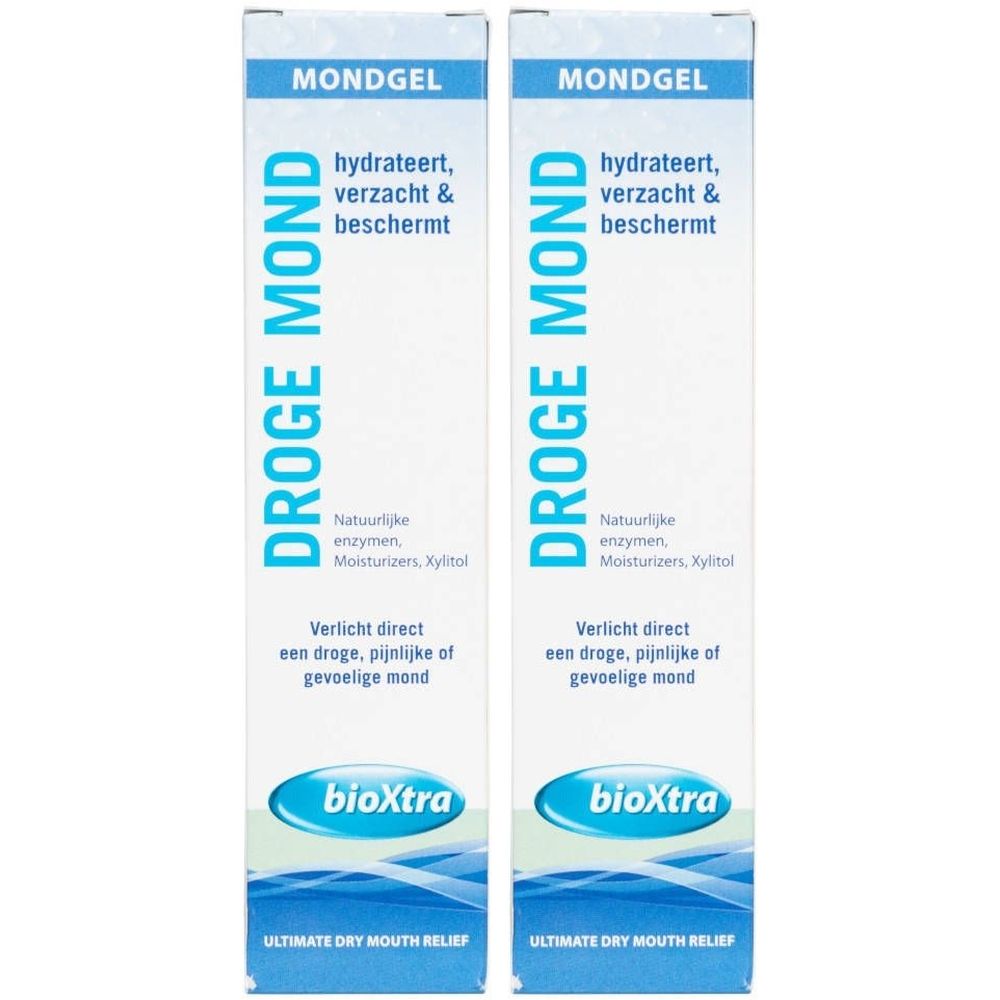 Twee tubes. Opschrift: DROGE MOND, bioXtra. Tekst: hydrateert, verzacht & beschermt.