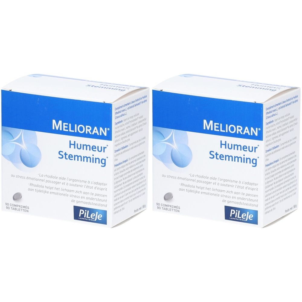 Twee witte dozen met blauwe tekst. Opschrift: MELIORAN Humeur Stemming. Merk Pileje. 60 tabletten.